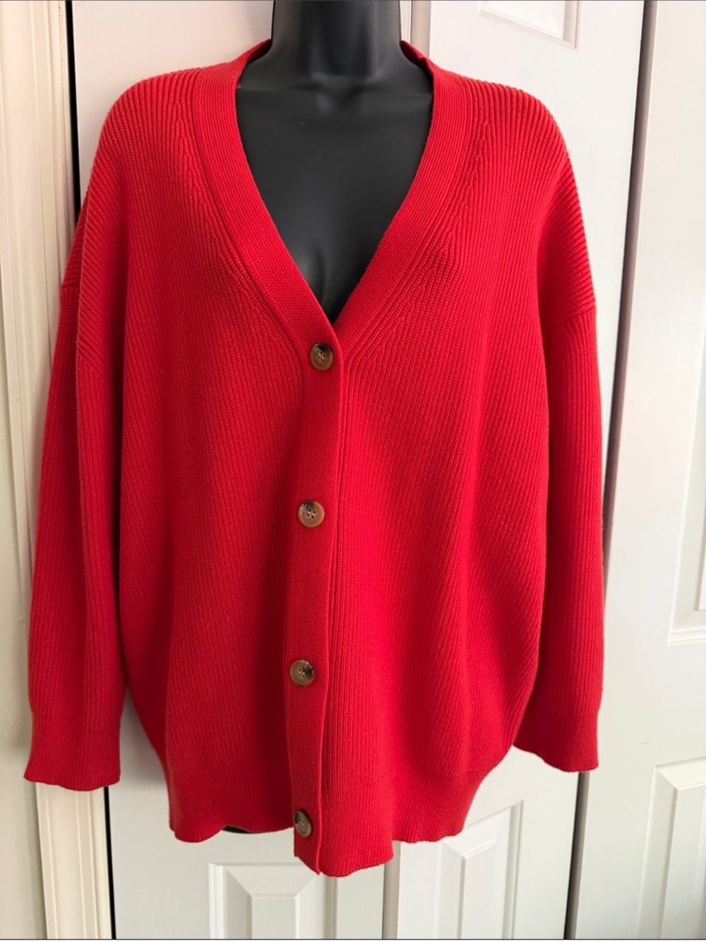 Women's Red V-Neck Button Front Cardigan Sweater Lillusory